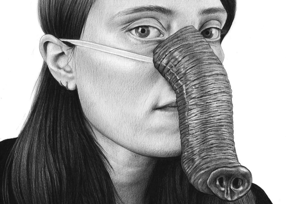 Detail of Self-portrait with trunk Amandine Urruty graphite charcoal paper Magma gallery